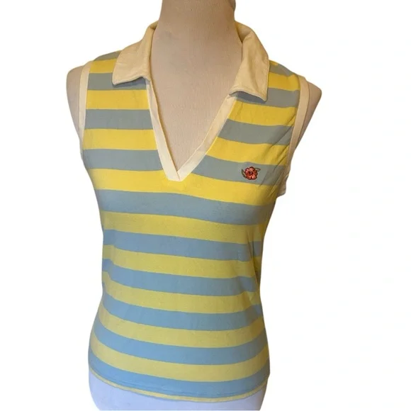 Y2K So Brand Sleeveless V-Neck Polo Top Yellow & Light Blue Stripes Juniors L - Picture 1 of 5